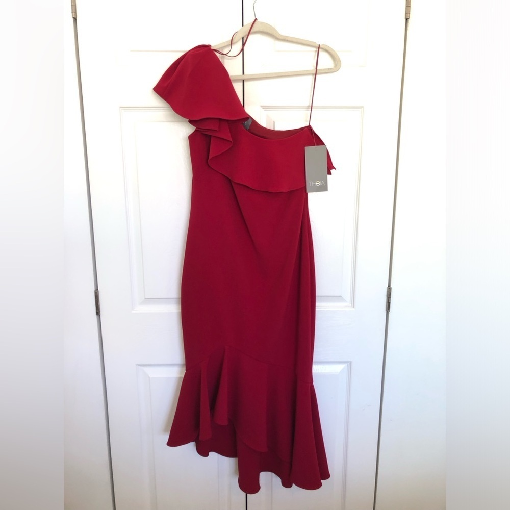 NWT Red Theia Couture One Shoulder Ruffle Midi Dress Size 8